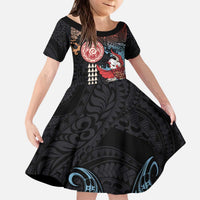 Hawaii and Japanese Together Kid Short Sleeve Dress Koi Fish and Kakau Pattern