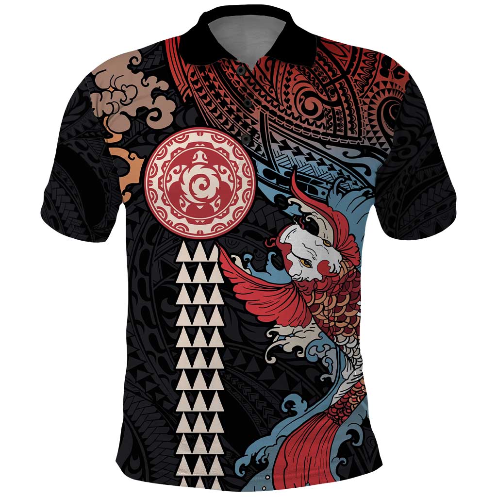 Hawaii and Japanese Together Polo Shirt Koi Fish and Kakau Pattern LT03 Black - Polynesian Pride