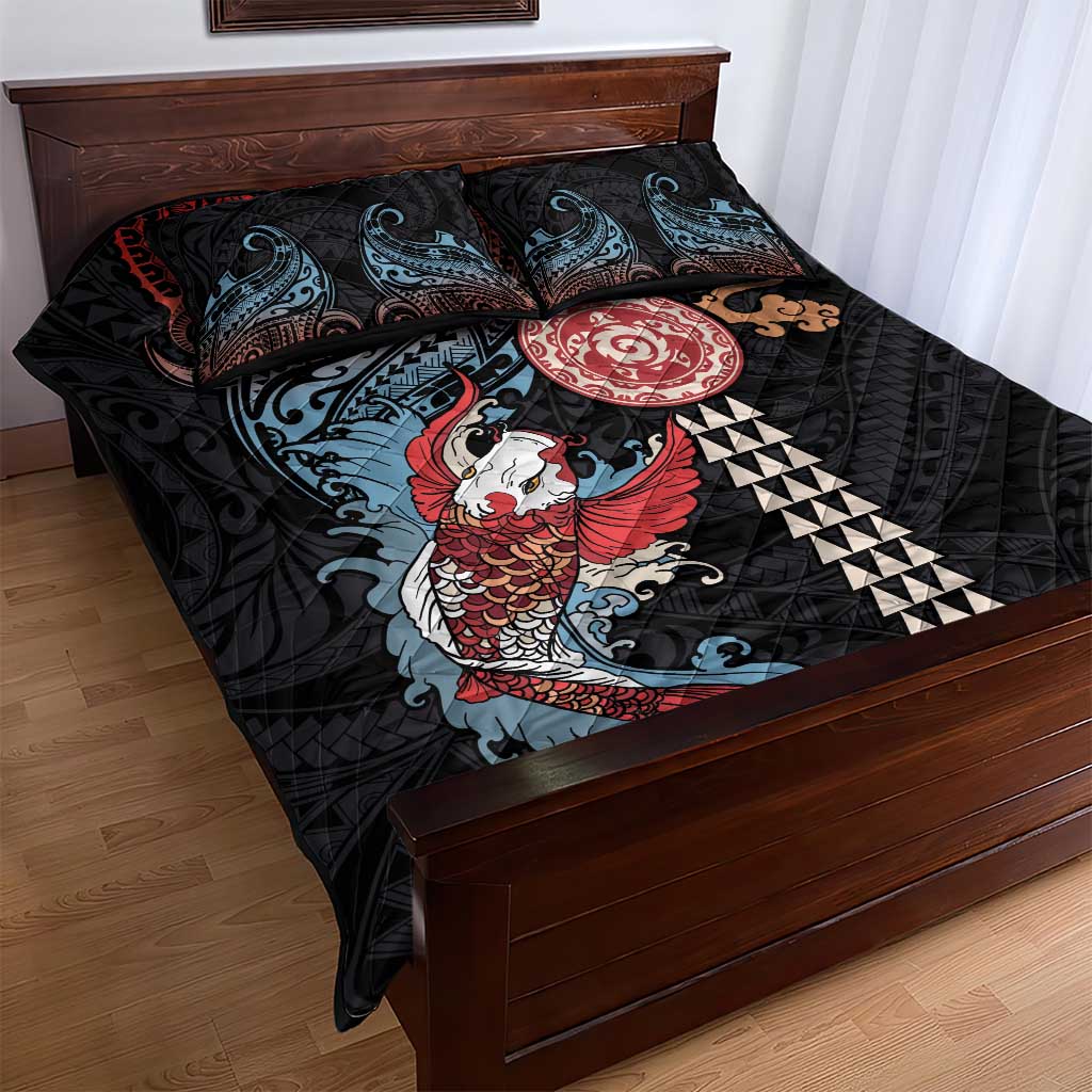 Hawaii and Japanese Together Quilt Bed Set Koi Fish and Kakau Pattern