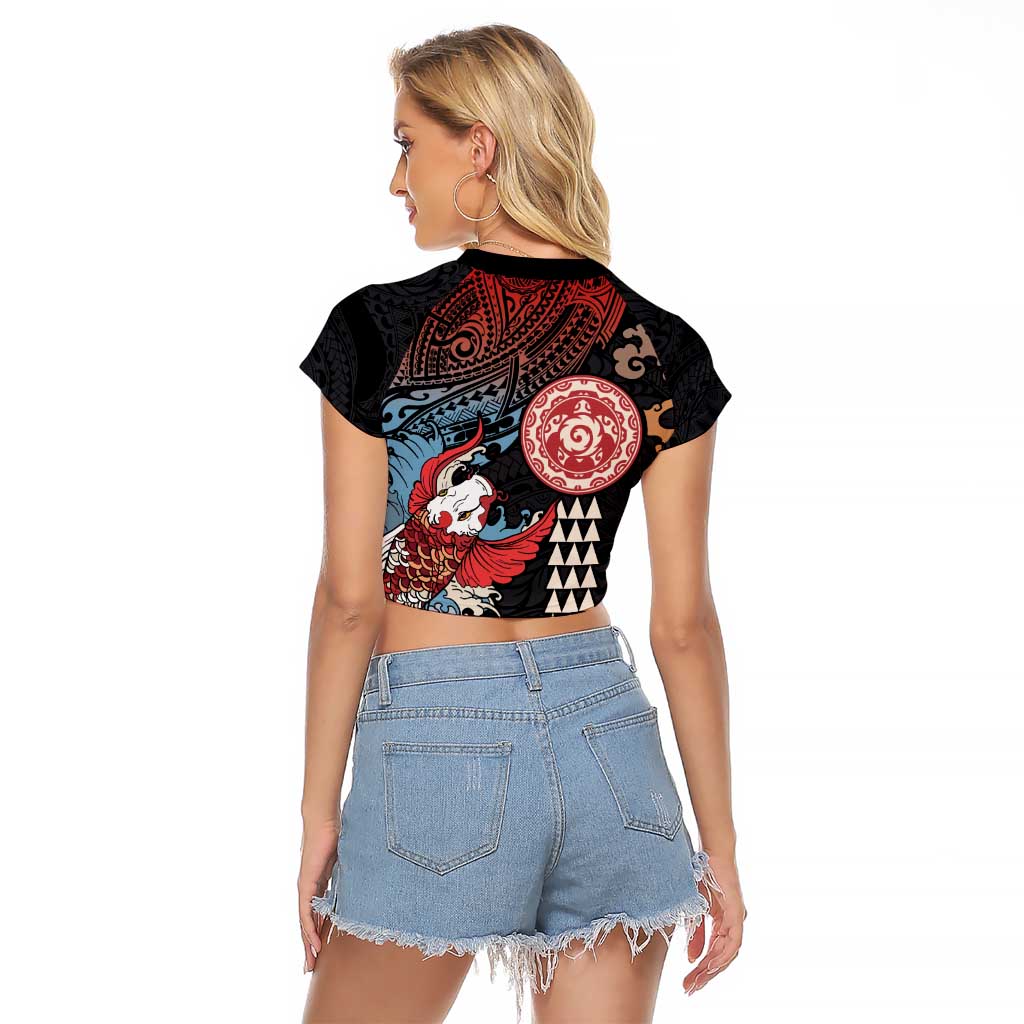 Hawaii and Japanese Together Raglan Cropped T Shirt Koi Fish and Kakau Pattern