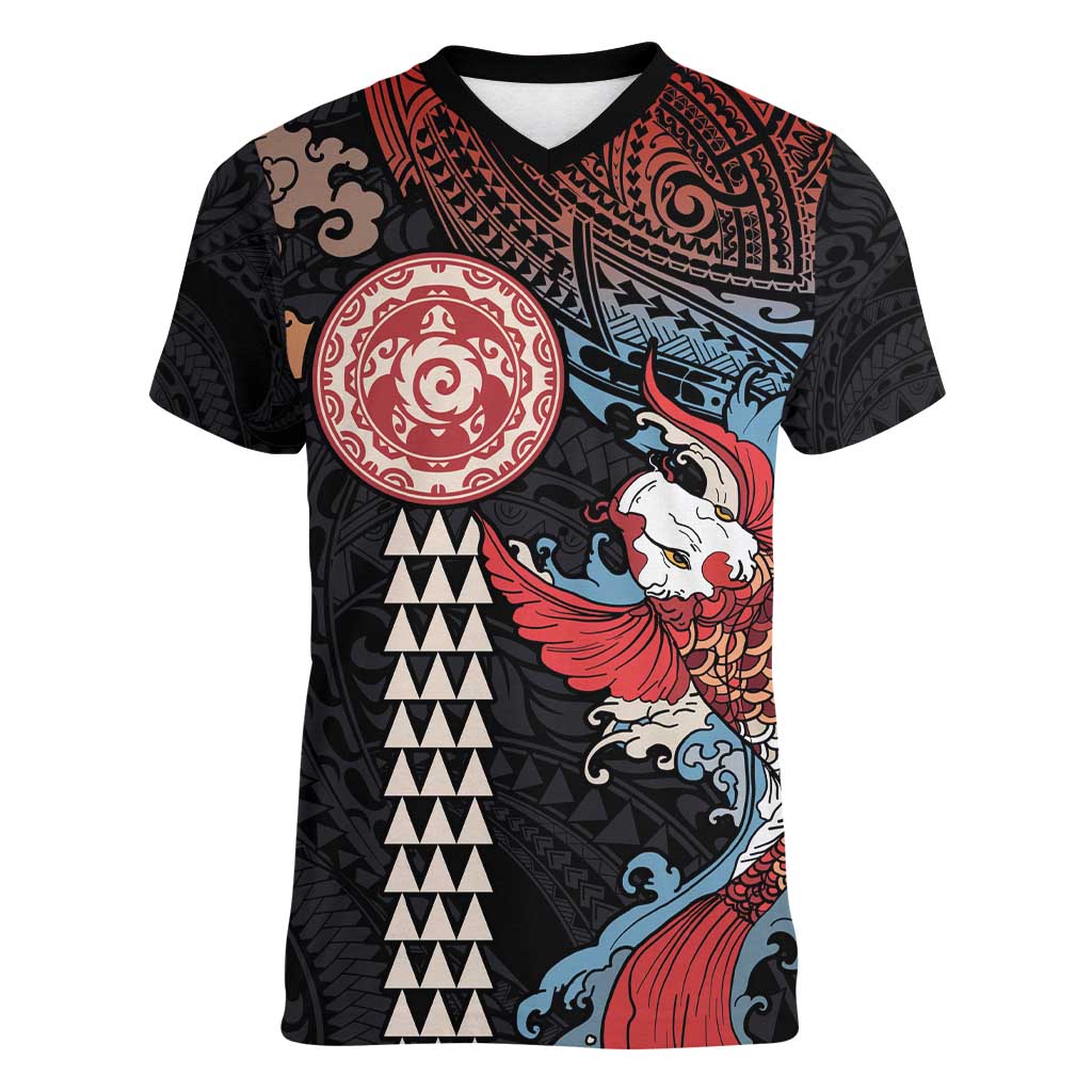 Hawaii and Japanese Together Women V-Neck T-Shirt Koi Fish and Kakau Pattern