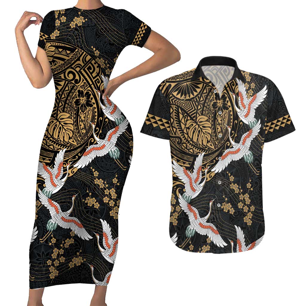 Hawaii and Japanese Together Couples Matching Short Sleeve Bodycon Dress and Hawaiian Shirt Cranes Birds with Kakau Pattern