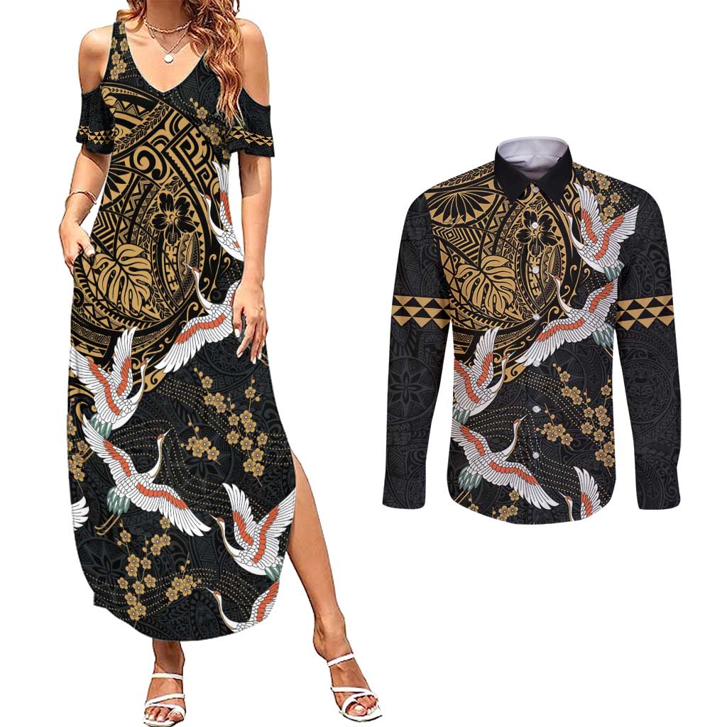 Hawaii and Japanese Together Couples Matching Summer Maxi Dress and Long Sleeve Button Shirt Cranes Birds with Kakau Pattern