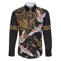 Hawaii and Japanese Together Family Matching Long Sleeve Bodycon Dress and Hawaiian Shirt Cranes Birds with Kakau Pattern