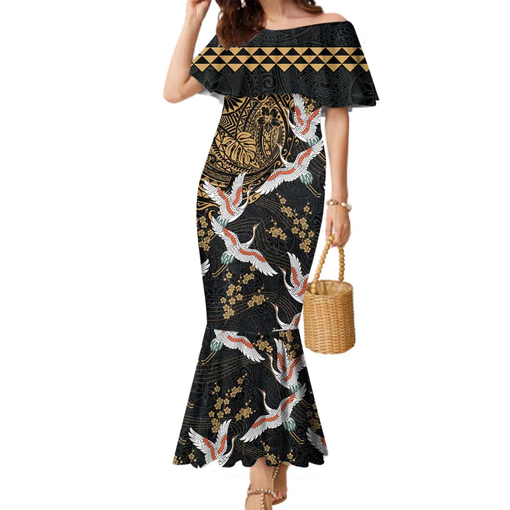 Hawaii and Japanese Together Family Matching Mermaid Dress and Hawaiian Shirt Cranes Birds with Kakau Pattern