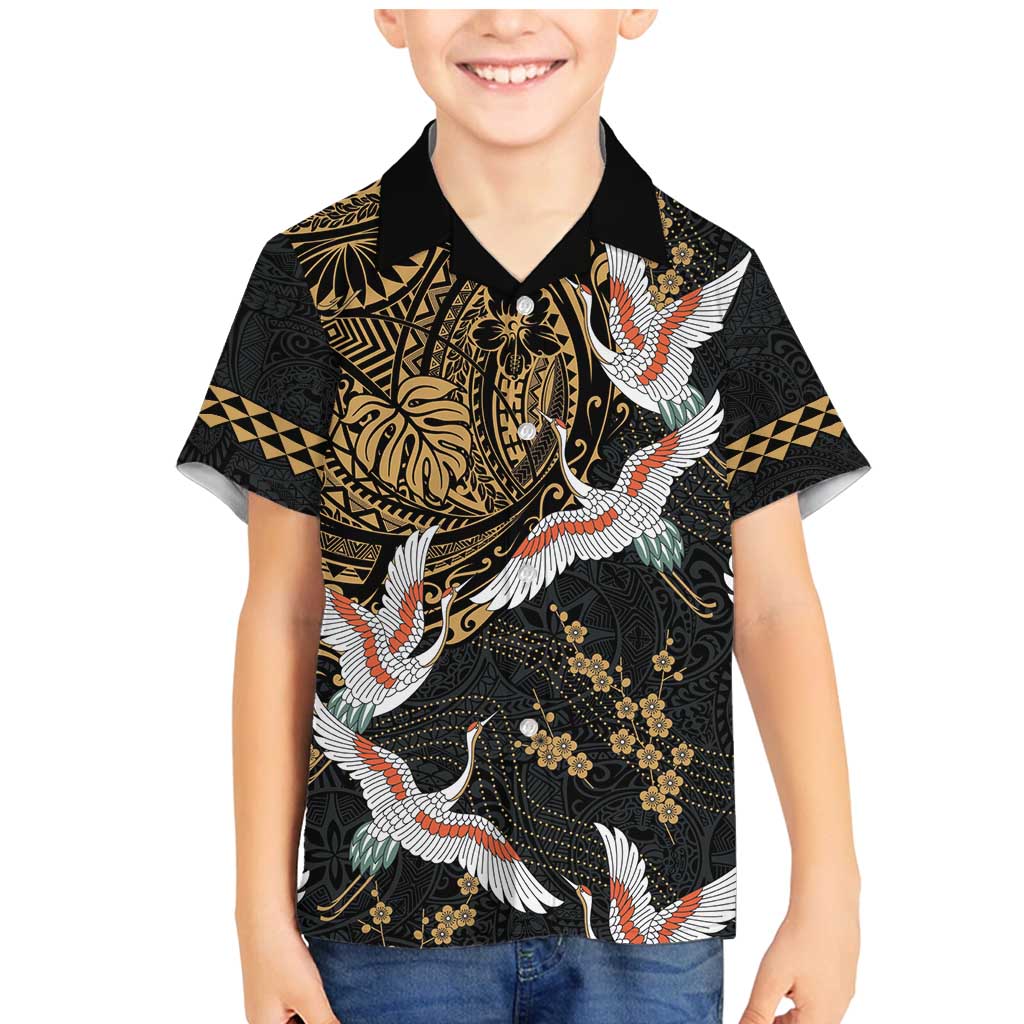 Hawaii and Japanese Together Family Matching Mermaid Dress and Hawaiian Shirt Cranes Birds with Kakau Pattern