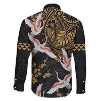 Hawaii and Japanese Together Family Matching Off The Shoulder Long Sleeve Dress and Hawaiian Shirt Cranes Birds with Kakau Pattern