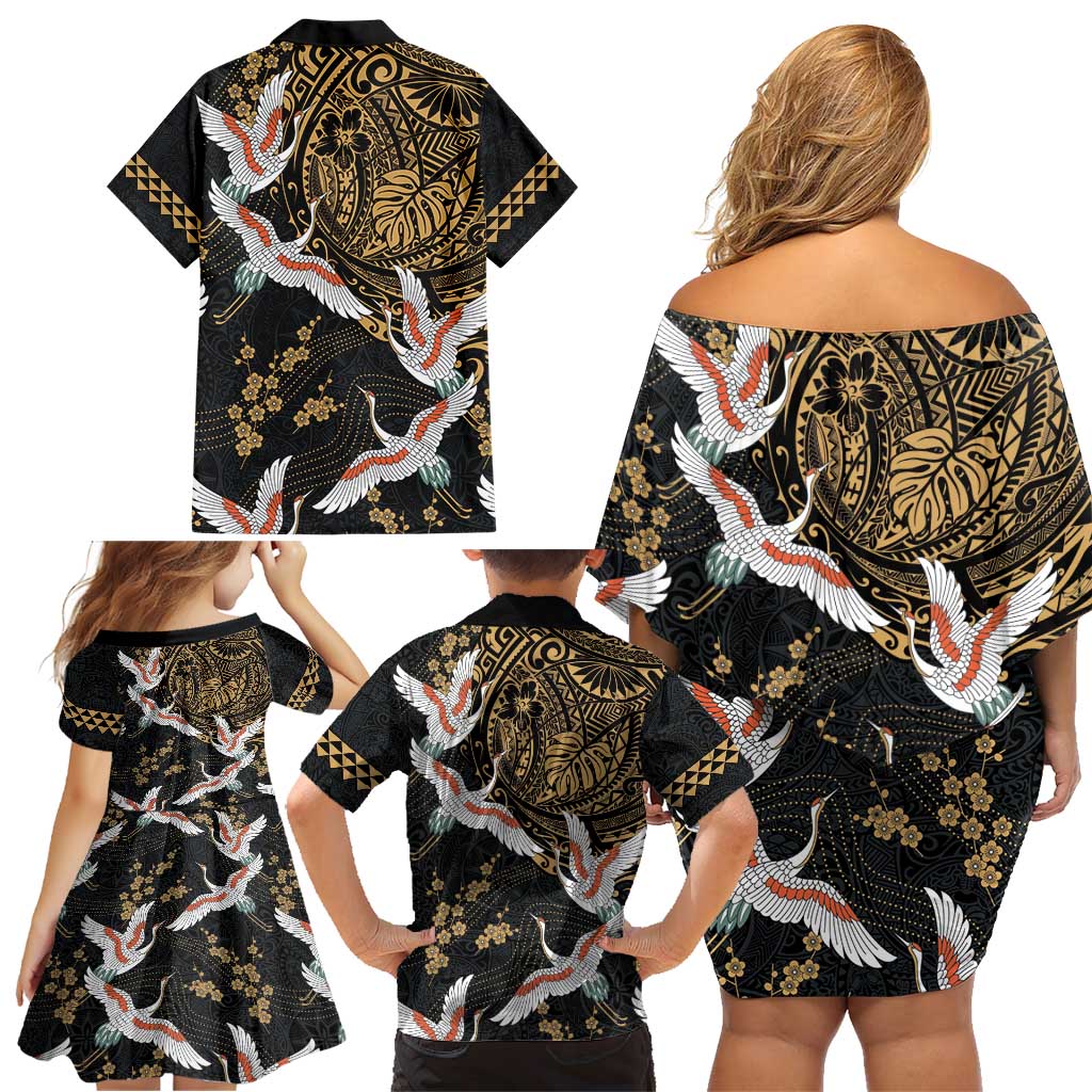Hawaii and Japanese Together Family Matching Off Shoulder Short Dress and Hawaiian Shirt Cranes Birds with Kakau Pattern