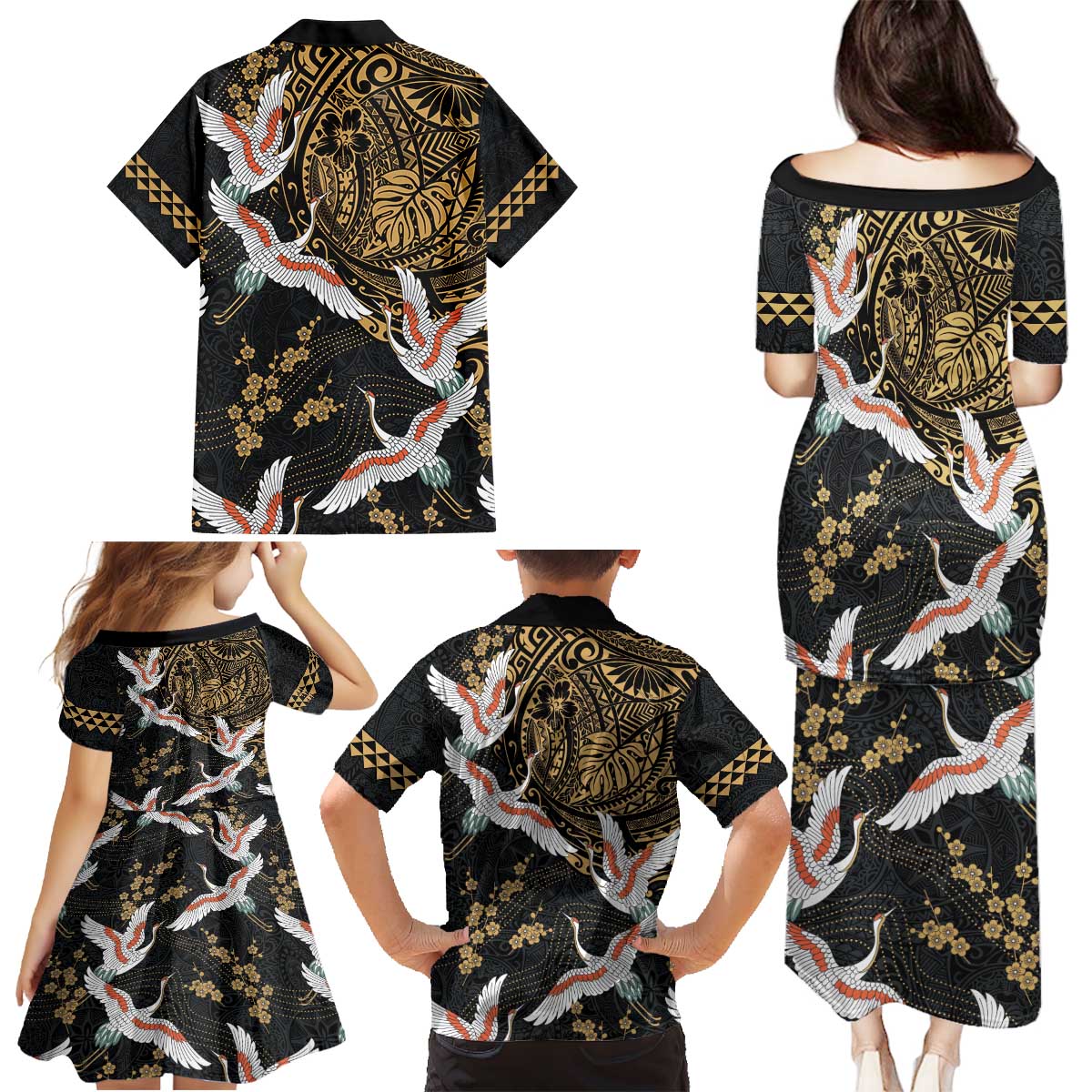 Hawaii and Japanese Together Family Matching Puletasi and Hawaiian Shirt Cranes Birds with Kakau Pattern