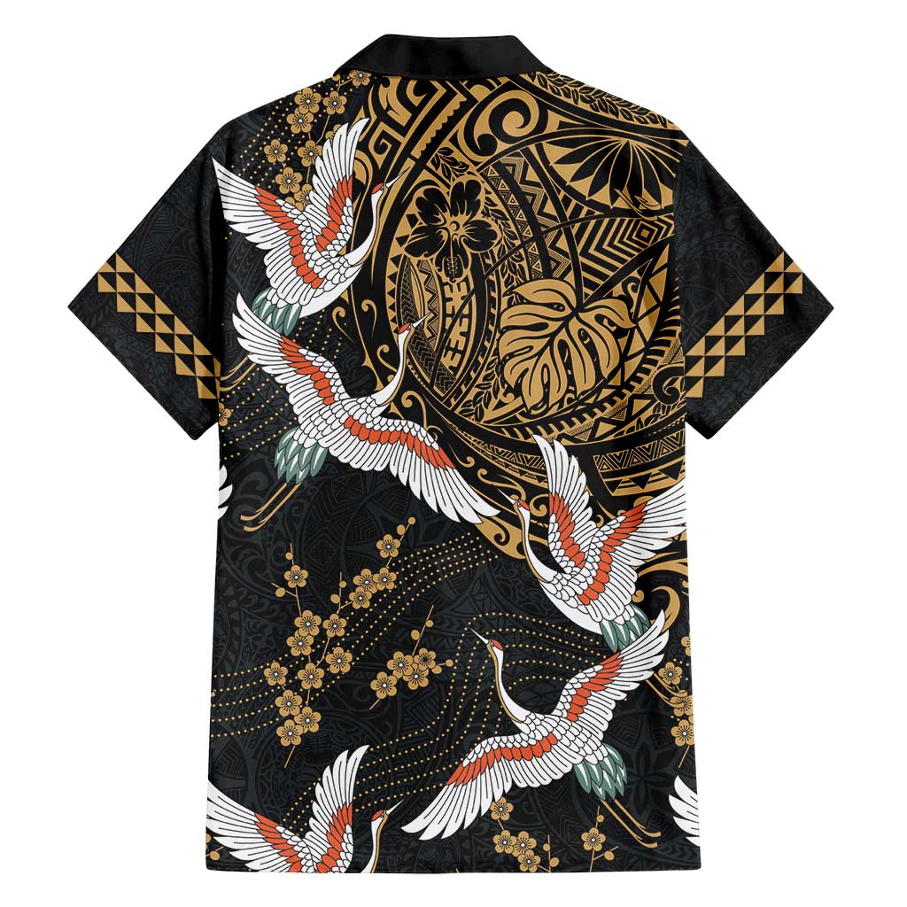 Hawaii and Japanese Together Family Matching Summer Maxi Dress and Hawaiian Shirt Cranes Birds with Kakau Pattern