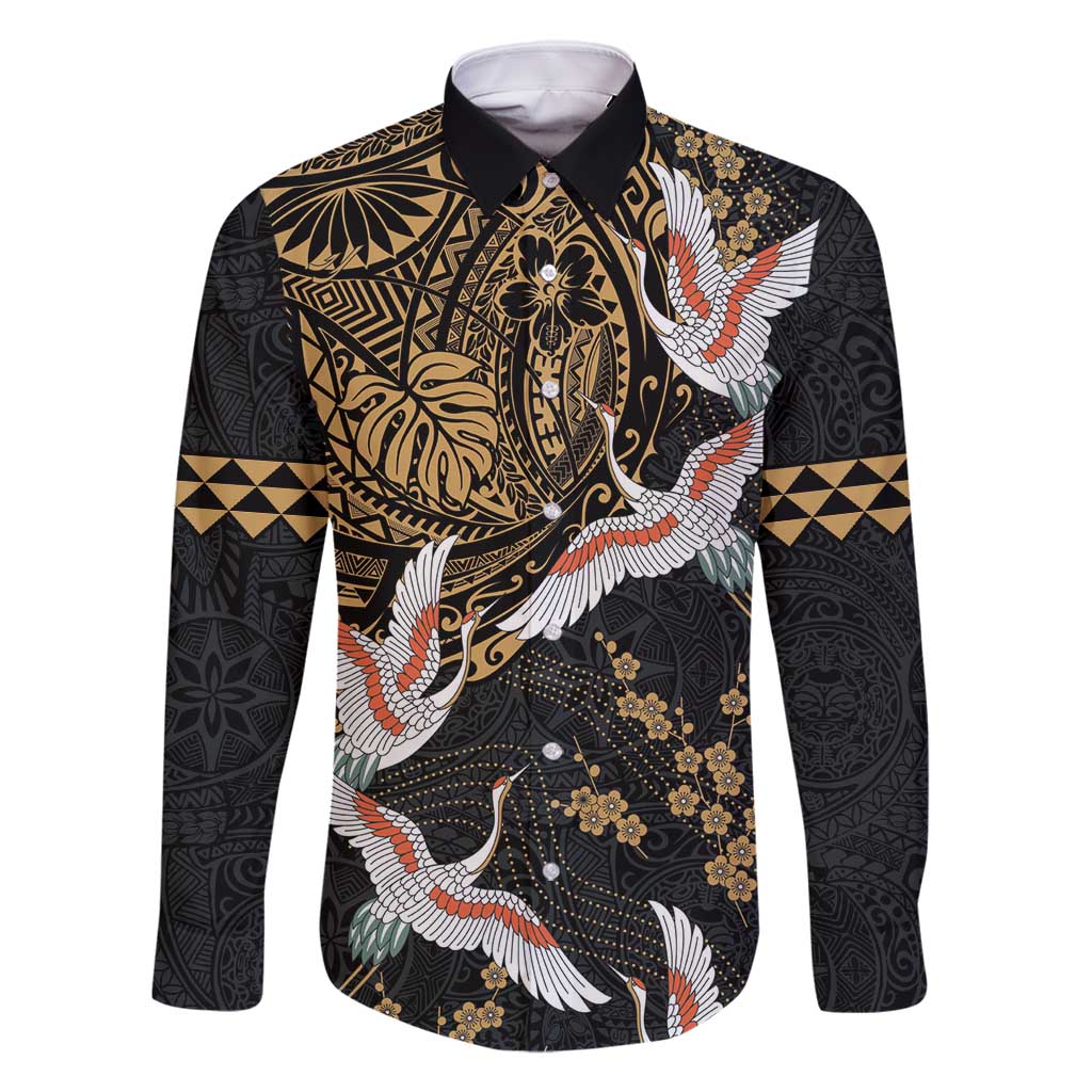 Hawaii and Japanese Together Family Matching Tank Maxi Dress and Hawaiian Shirt Cranes Birds with Kakau Pattern