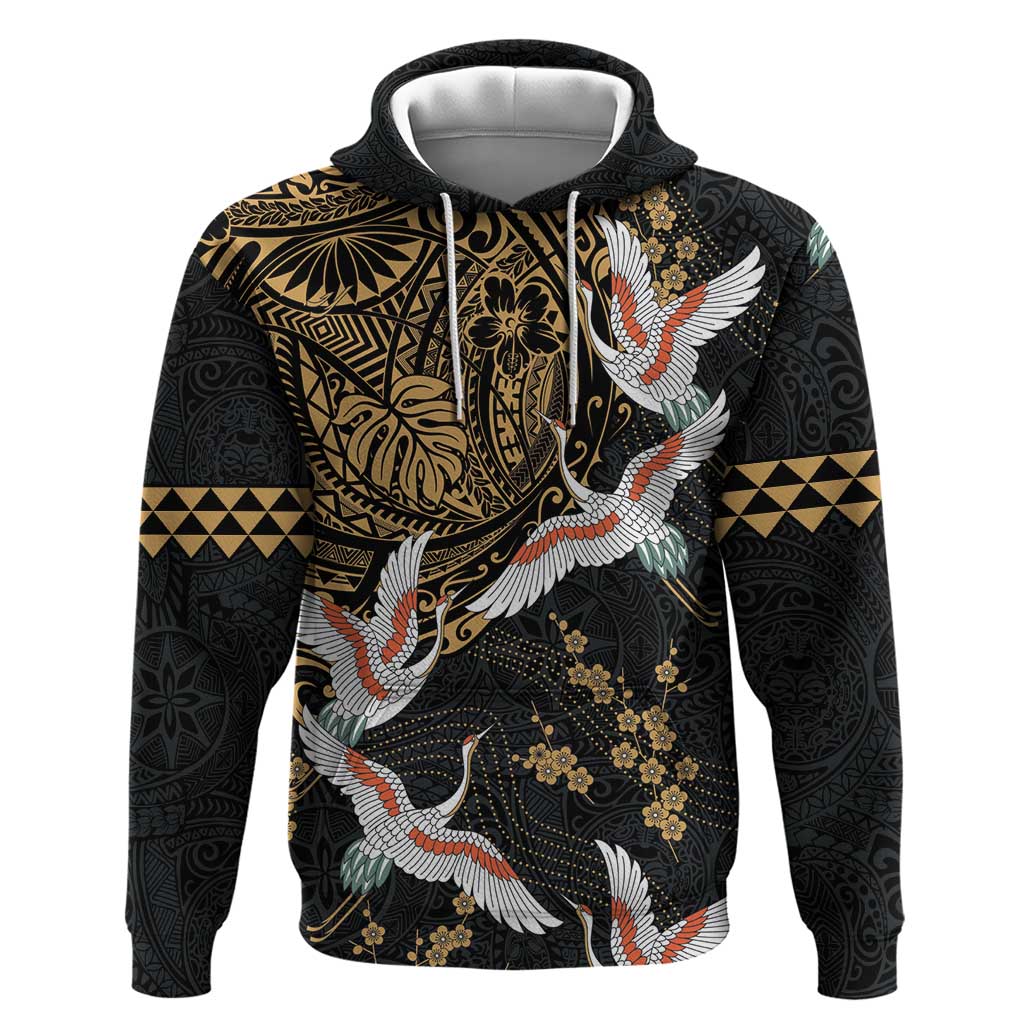 Hawaii and Japanese Together Hoodie Cranes Birds with Kakau Pattern