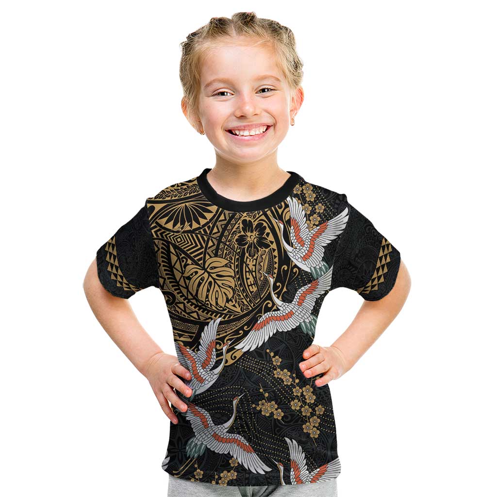 Hawaii and Japanese Together Kid T Shirt Cranes Birds with Kakau Pattern
