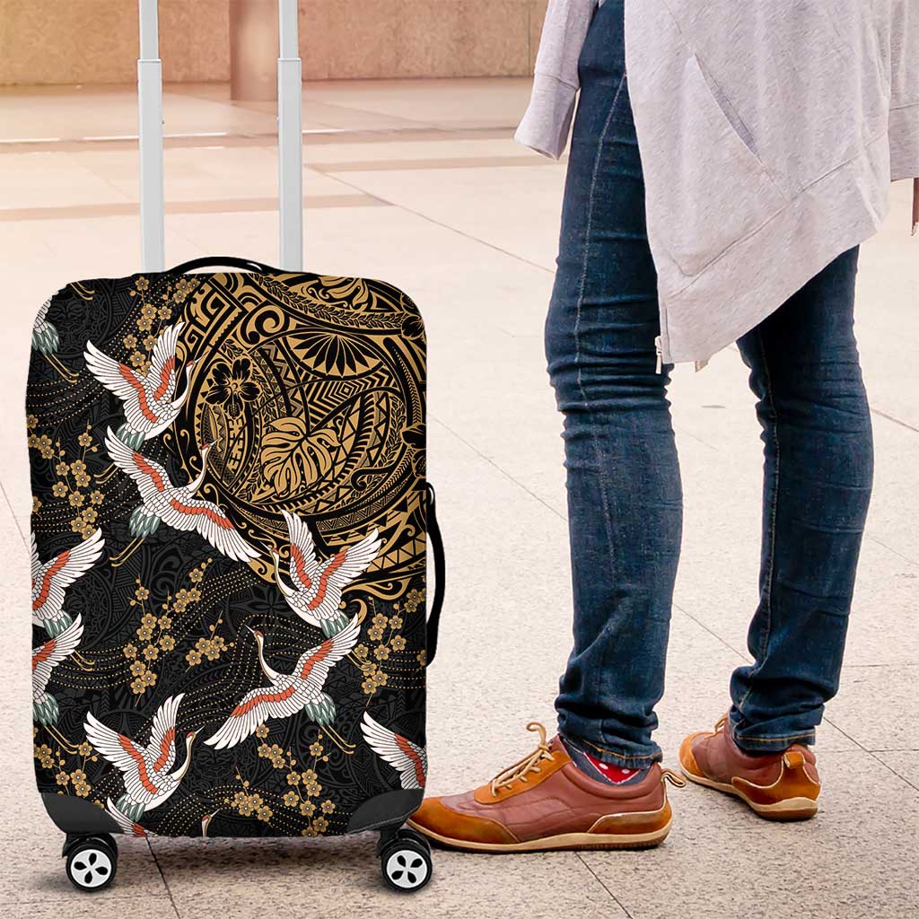 Hawaii and Japanese Together Luggage Cover Cranes Birds with Kakau Pattern