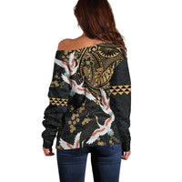 Hawaii and Japanese Together Off Shoulder Sweater Cranes Birds with Kakau Pattern