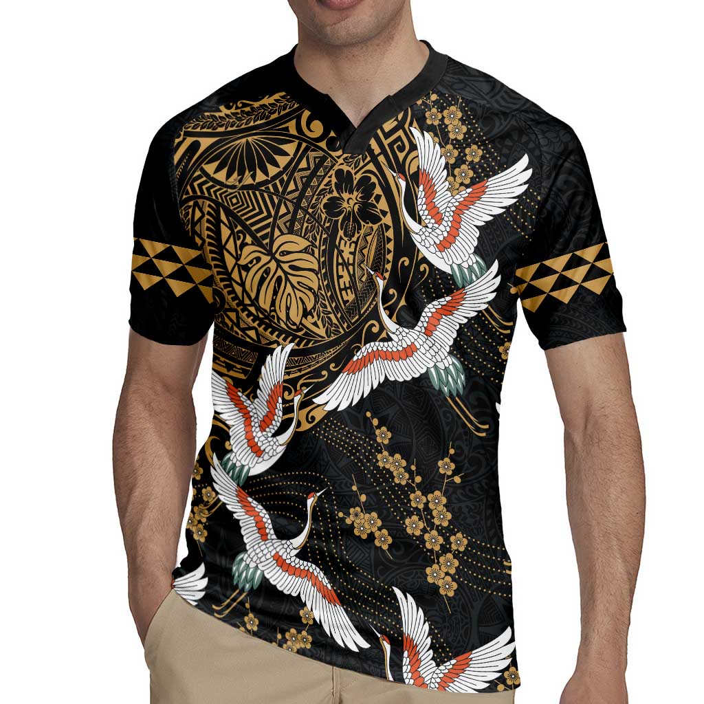 Hawaii and Japanese Together Rugby Jersey Cranes Birds with Kakau Pattern
