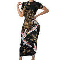 Hawaii and Japanese Together Short Sleeve Bodycon Dress Cranes Birds with Kakau Pattern LT03
