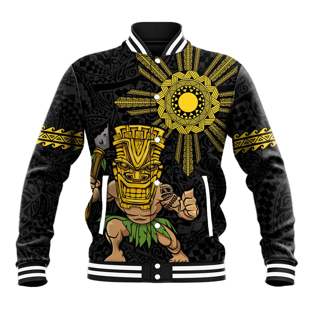 Hawaii and Philippines Together Baseball Jacket Warrior Tiki Mask and Filipino Sun Polynesian Style