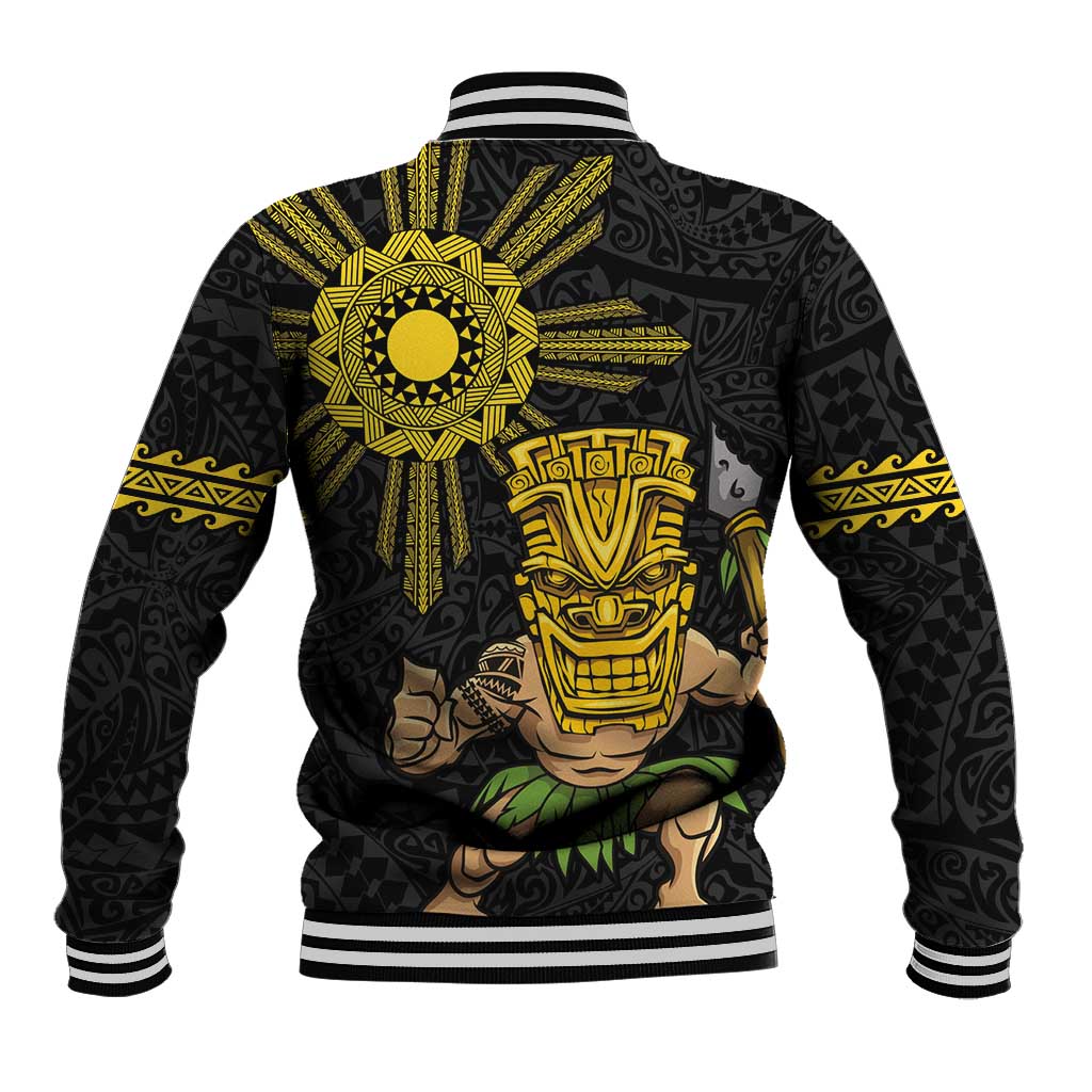 Hawaii and Philippines Together Baseball Jacket Warrior Tiki Mask and Filipino Sun Polynesian Style