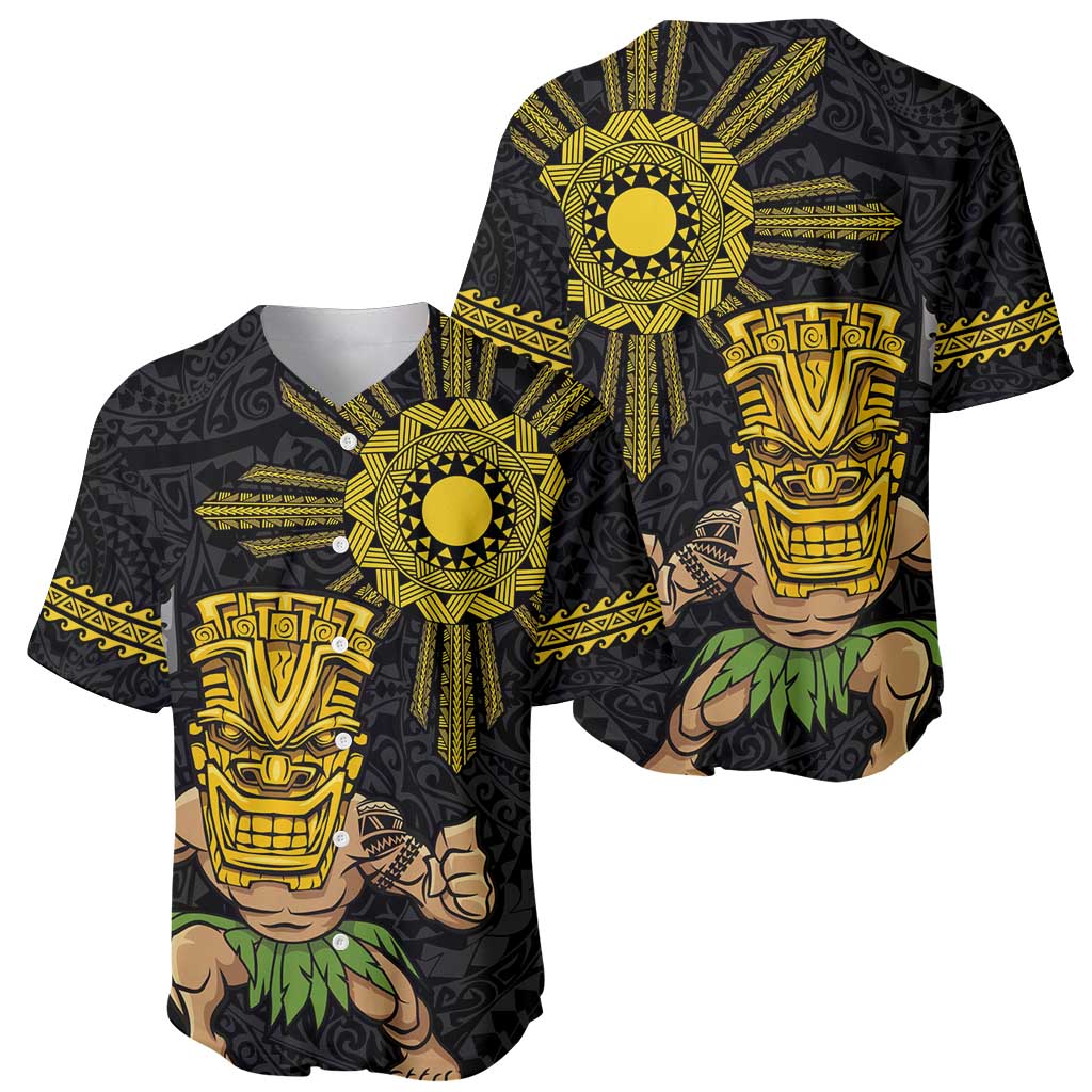 Hawaii and Philippines Together Baseball Jersey Warrior Tiki Mask and Filipino Sun Polynesian Style