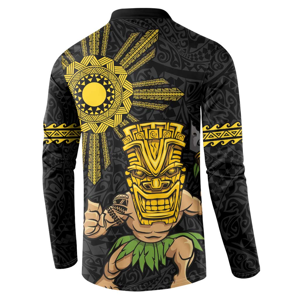 Hawaii and Philippines Together Button Sweatshirt Warrior Tiki Mask and Filipino Sun Polynesian Style