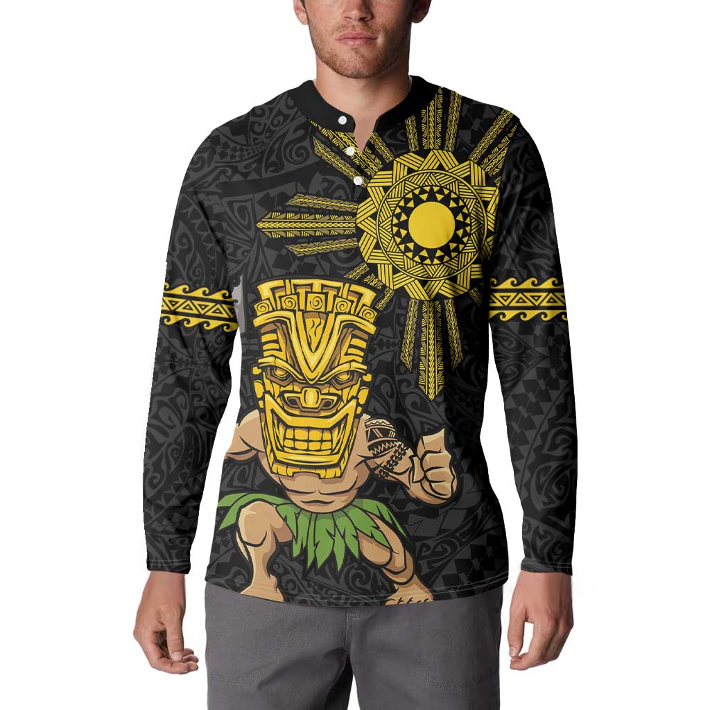 Hawaii and Philippines Together Button Sweatshirt Warrior Tiki Mask and Filipino Sun Polynesian Style