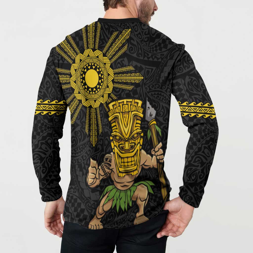 Hawaii and Philippines Together Button Sweatshirt Warrior Tiki Mask and Filipino Sun Polynesian Style