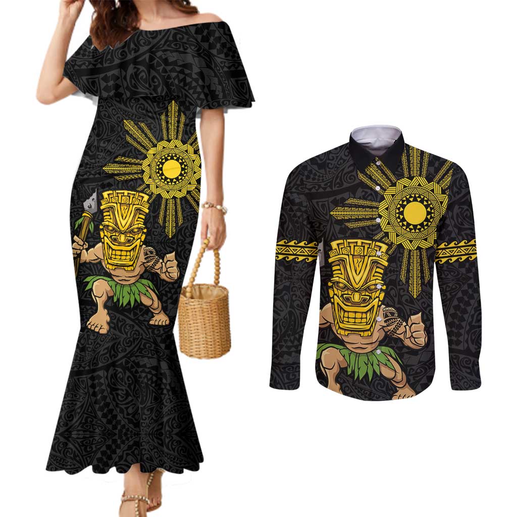 Hawaii and Philippines Together Couples Matching Mermaid Dress and Long Sleeve Button Shirt Warrior Tiki Mask and Filipino Sun Polynesian Style