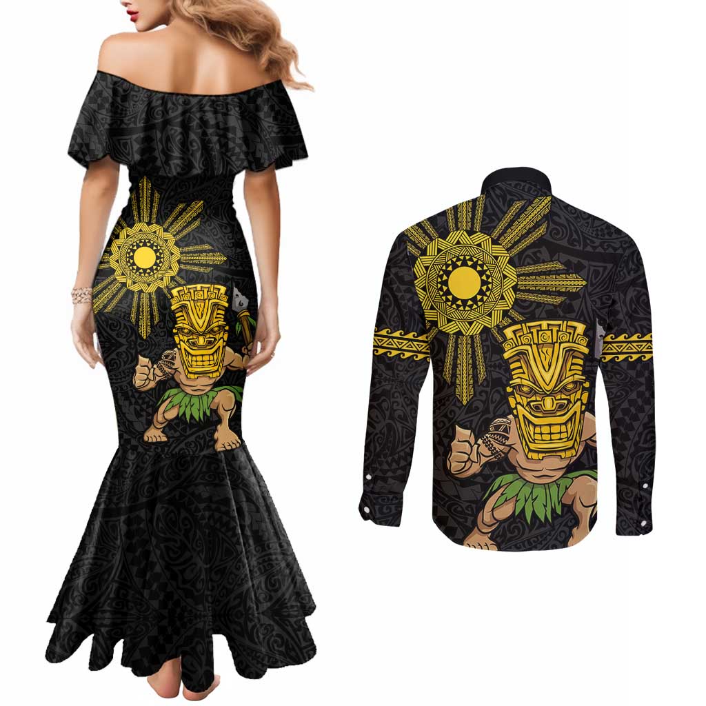 Hawaii and Philippines Together Couples Matching Mermaid Dress and Long Sleeve Button Shirt Warrior Tiki Mask and Filipino Sun Polynesian Style
