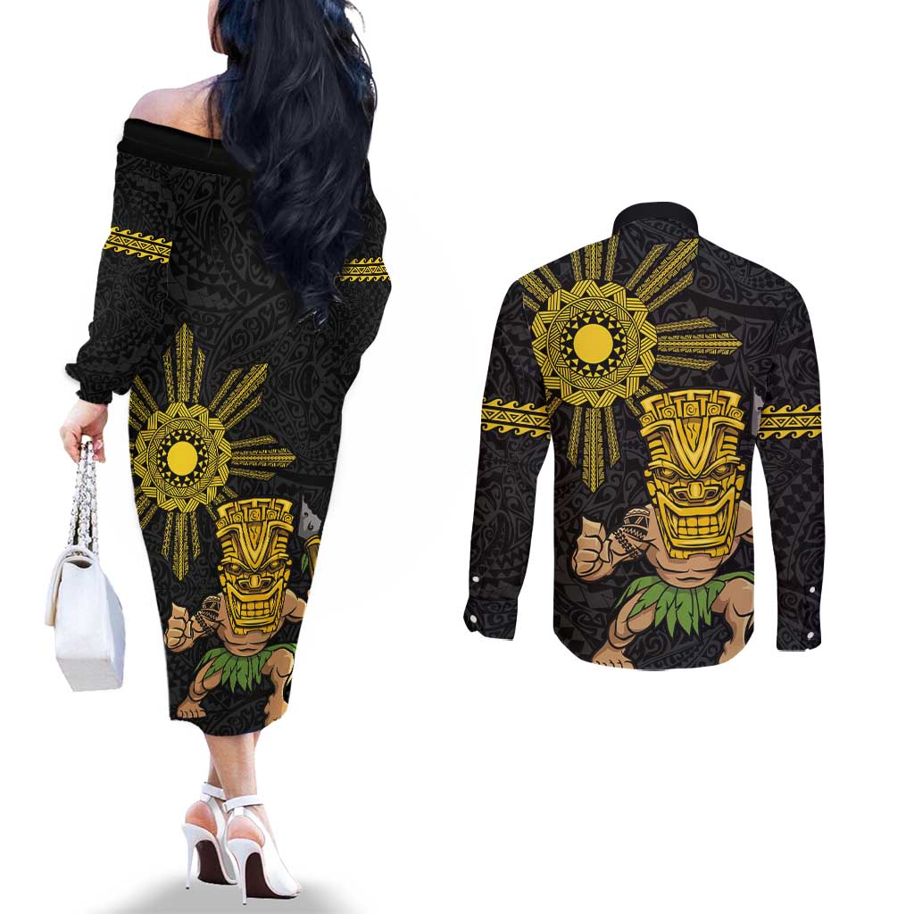 Hawaii and Philippines Together Couples Matching Off The Shoulder Long Sleeve Dress and Long Sleeve Button Shirt Warrior Tiki Mask and Filipino Sun Polynesian Style