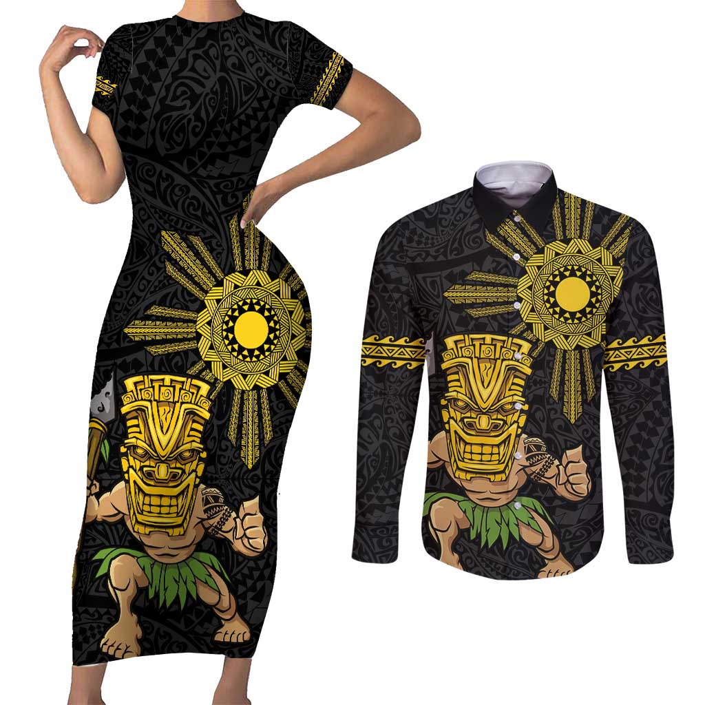 Hawaii and Philippines Together Couples Matching Short Sleeve Bodycon Dress and Long Sleeve Button Shirt Warrior Tiki Mask and Filipino Sun Polynesian Style