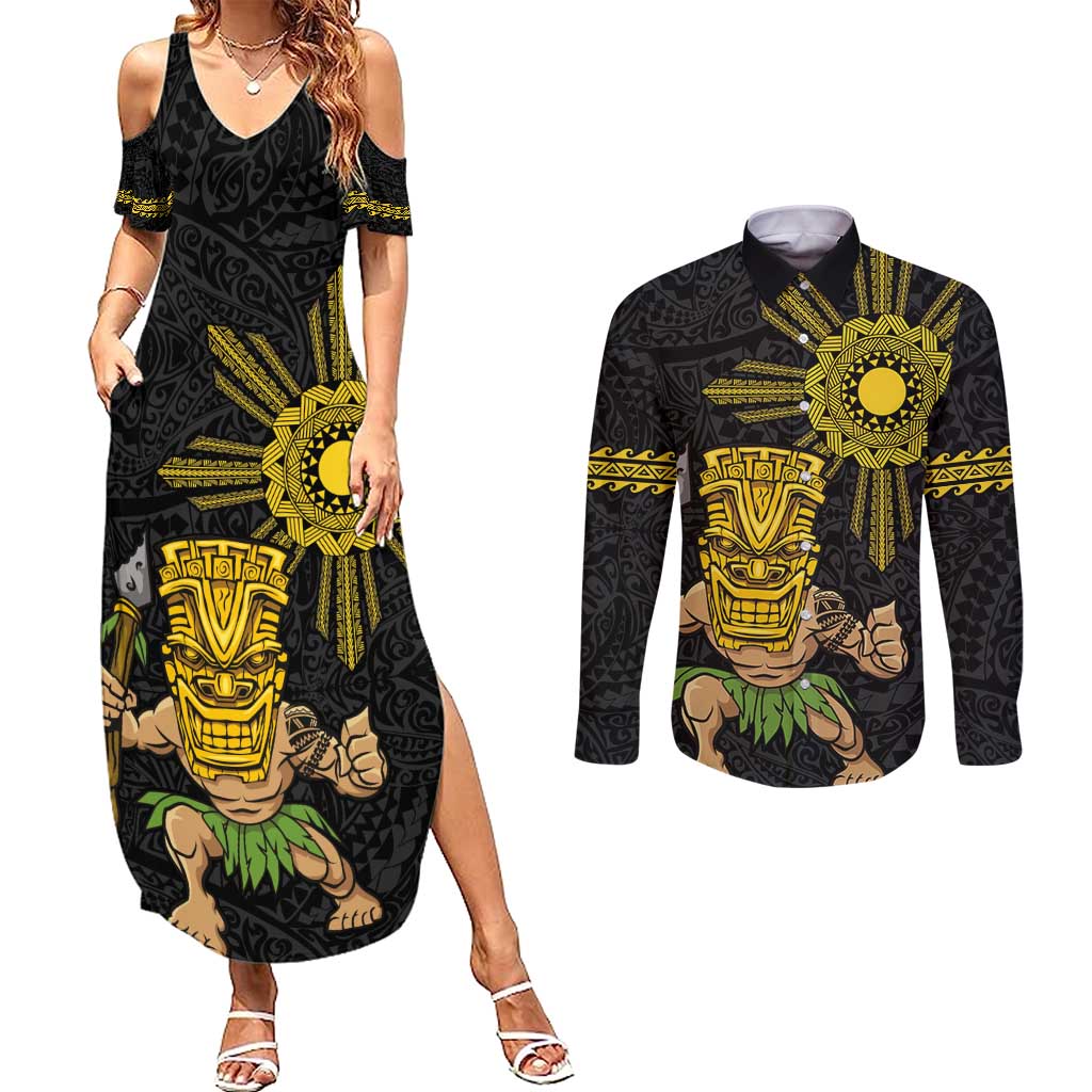 Hawaii and Philippines Together Couples Matching Summer Maxi Dress and Long Sleeve Button Shirt Warrior Tiki Mask and Filipino Sun Polynesian Style