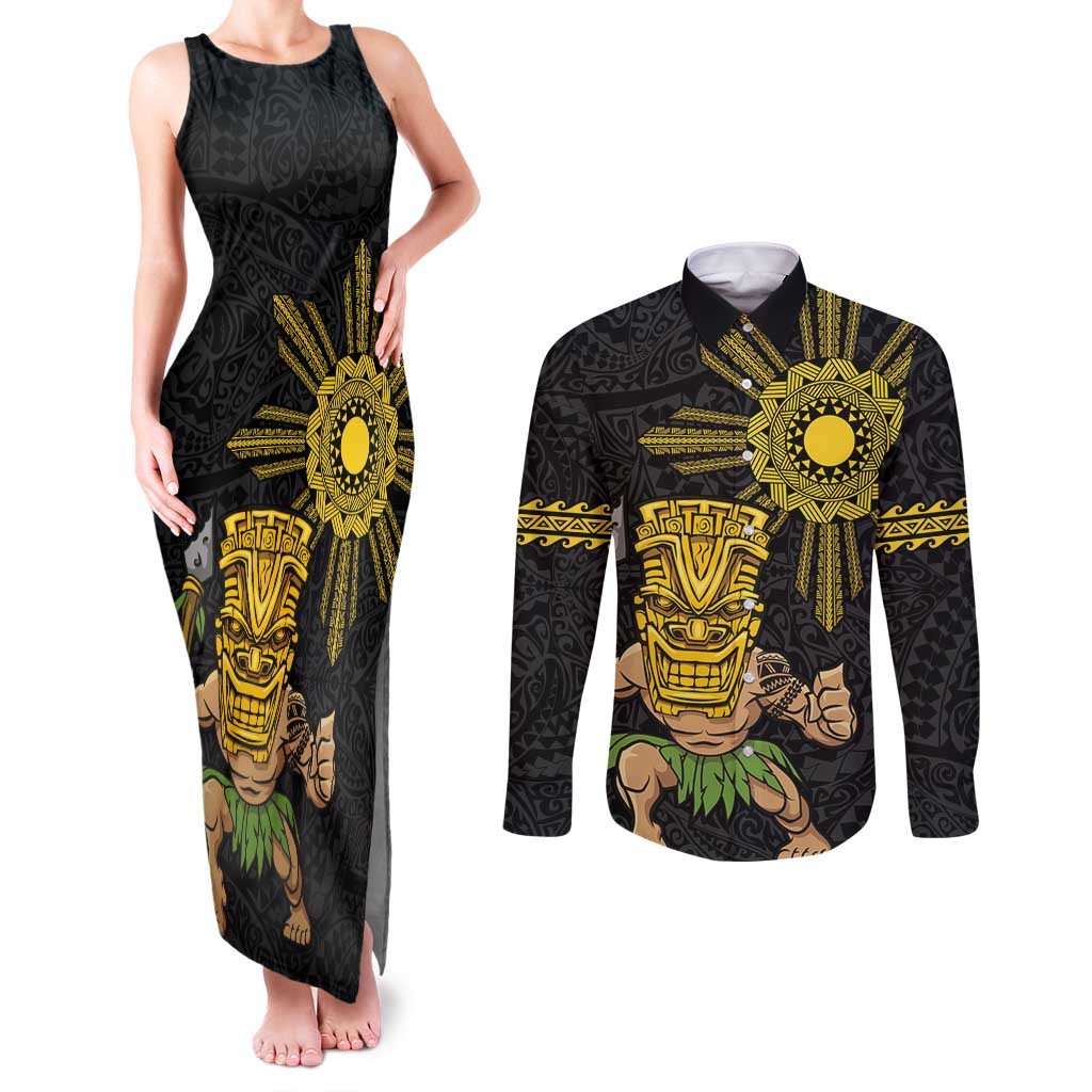 Hawaii and Philippines Together Couples Matching Tank Maxi Dress and Long Sleeve Button Shirt Warrior Tiki Mask and Filipino Sun Polynesian Style