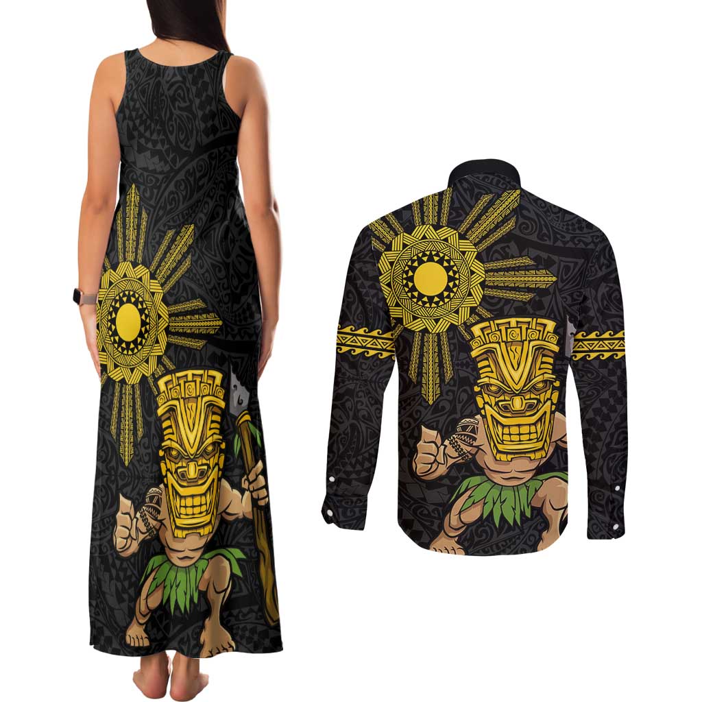 Hawaii and Philippines Together Couples Matching Tank Maxi Dress and Long Sleeve Button Shirt Warrior Tiki Mask and Filipino Sun Polynesian Style