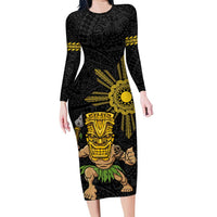 Hawaii and Philippines Together Family Matching Long Sleeve Bodycon Dress and Hawaiian Shirt Warrior Tiki Mask and Filipino Sun Polynesian Style