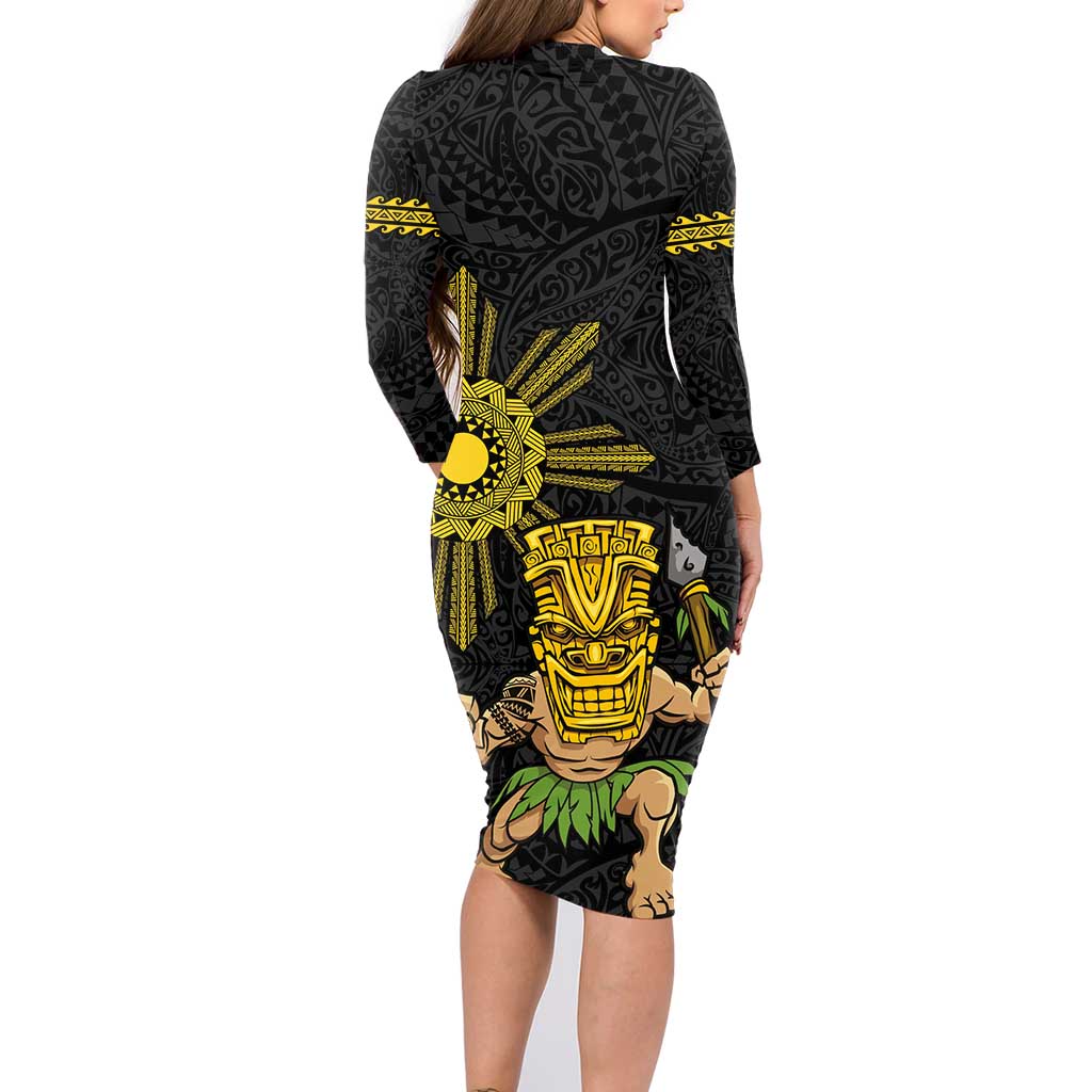 Hawaii and Philippines Together Family Matching Long Sleeve Bodycon Dress and Hawaiian Shirt Warrior Tiki Mask and Filipino Sun Polynesian Style