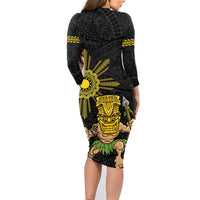 Hawaii and Philippines Together Family Matching Long Sleeve Bodycon Dress and Hawaiian Shirt Warrior Tiki Mask and Filipino Sun Polynesian Style