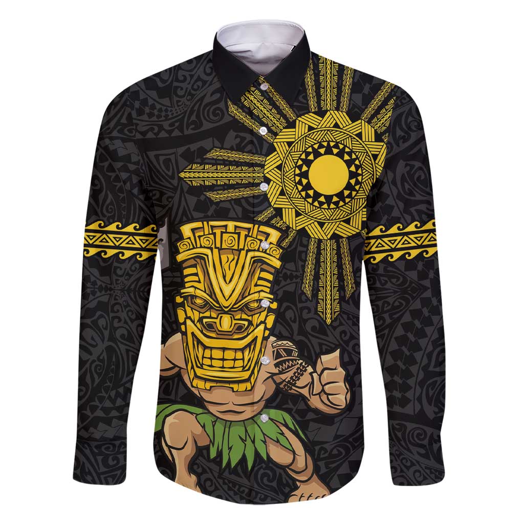 Hawaii and Philippines Together Family Matching Short Sleeve Bodycon Dress and Hawaiian Shirt Warrior Tiki Mask and Filipino Sun Polynesian Style