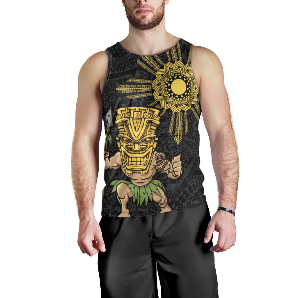 Hawaii and Philippines Together Men Tank Top Warrior Tiki Mask and Filipino Sun Polynesian Style
