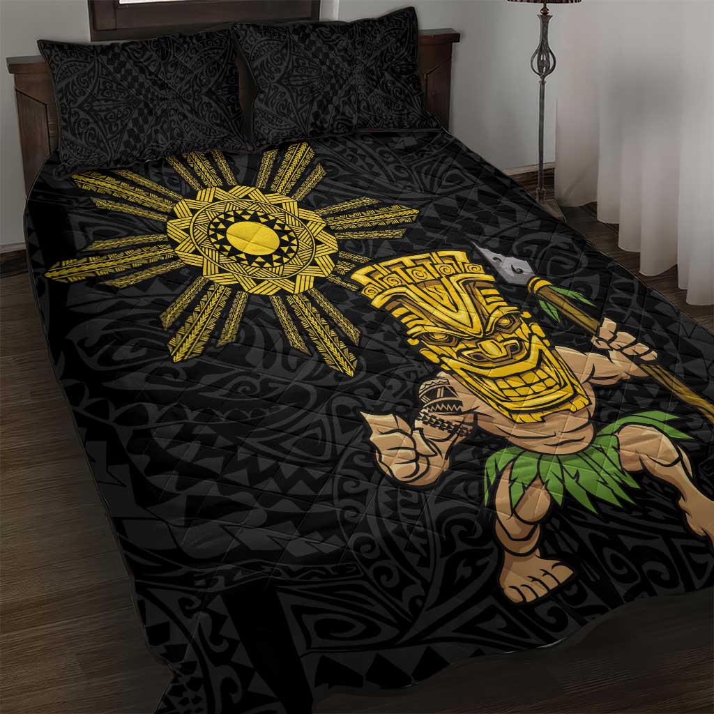 Hawaii and Philippines Together Quilt Bed Set Warrior Tiki Mask and Filipino Sun Polynesian Style