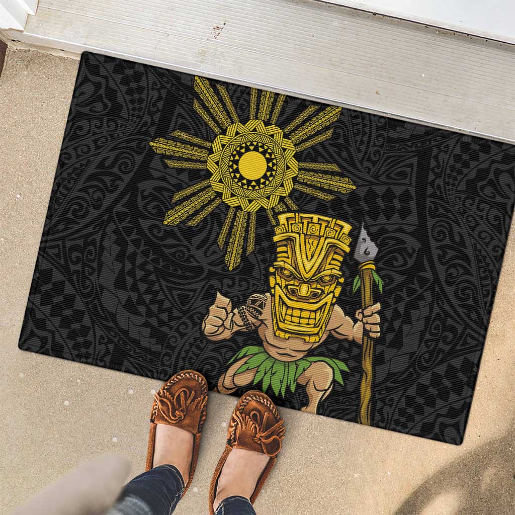 Hawaii and Philippines Together Rubber Doormat Warrior Tiki Mask and Filipino Sun Polynesian Style