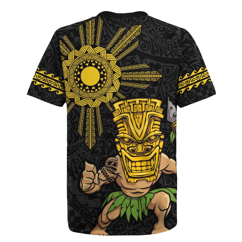 Hawaii and Philippines Together Rugby Jersey Warrior Tiki Mask and Filipino Sun Polynesian Style