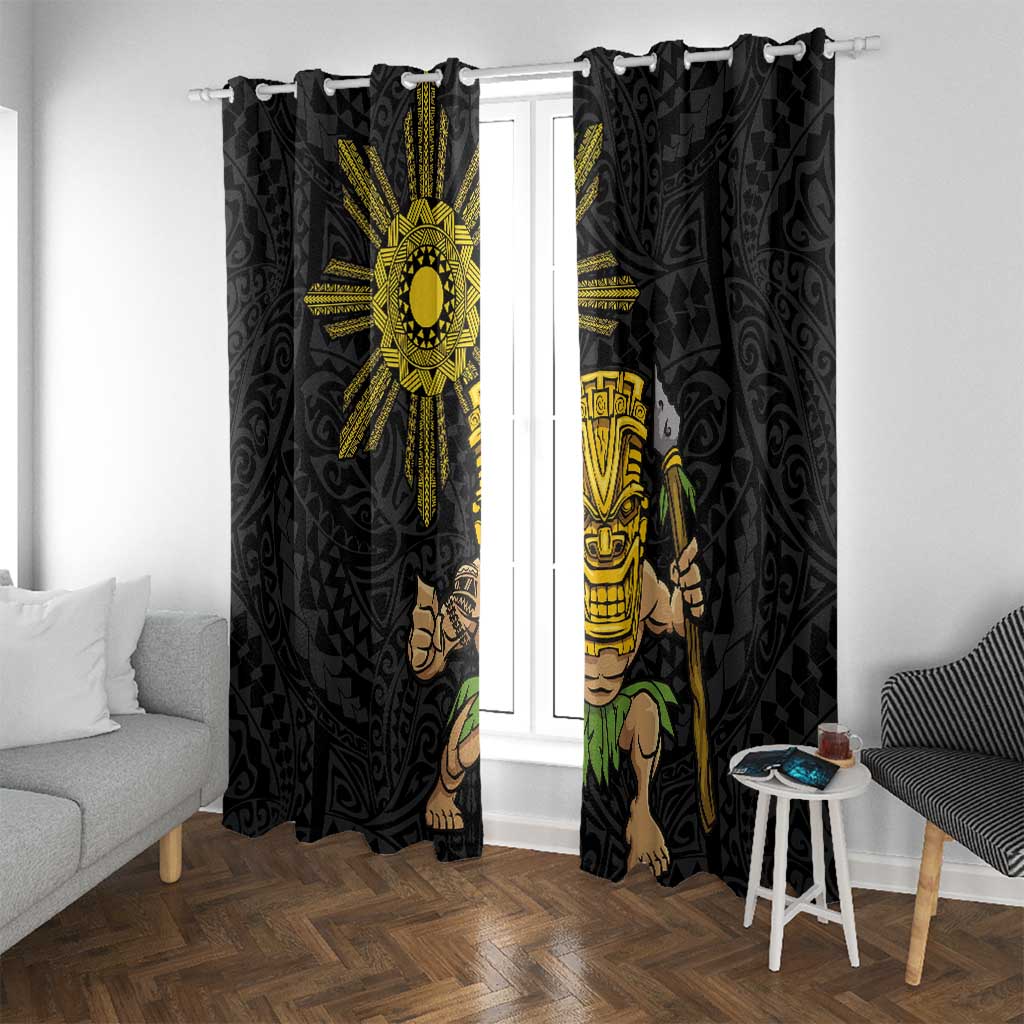 Hawaii and Philippines Together Window Curtain Warrior Tiki Mask and Filipino Sun Polynesian Style