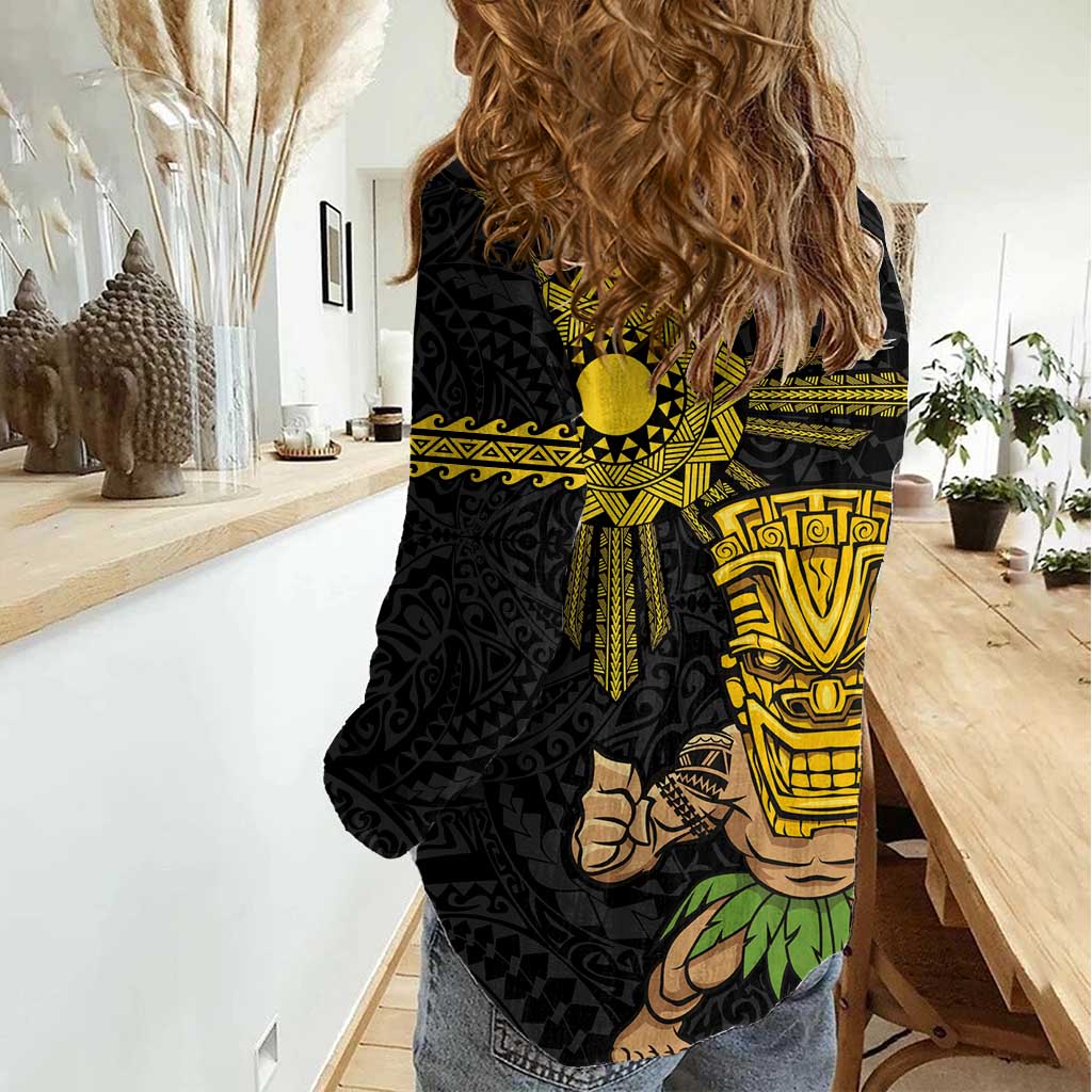 Hawaii and Philippines Together Women Casual Shirt Warrior Tiki Mask and Filipino Sun Polynesian Style
