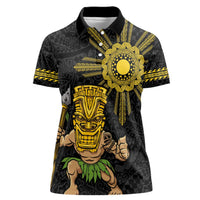 Hawaii and Philippines Together Women Polo Shirt Warrior Tiki Mask and Filipino Sun Polynesian Style LT03 Female Black - Polynesian Pride
