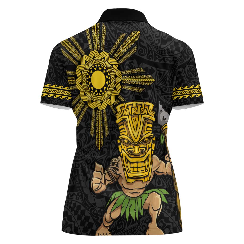 Hawaii and Philippines Together Women Polo Shirt Warrior Tiki Mask and Filipino Sun Polynesian Style LT03 - Polynesian Pride