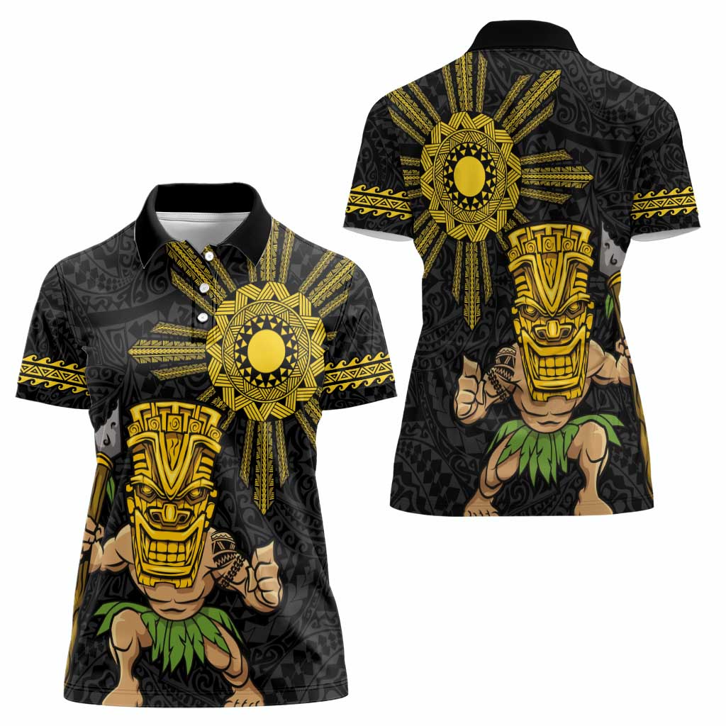 Hawaii and Philippines Together Women Polo Shirt Warrior Tiki Mask and Filipino Sun Polynesian Style LT03 - Polynesian Pride
