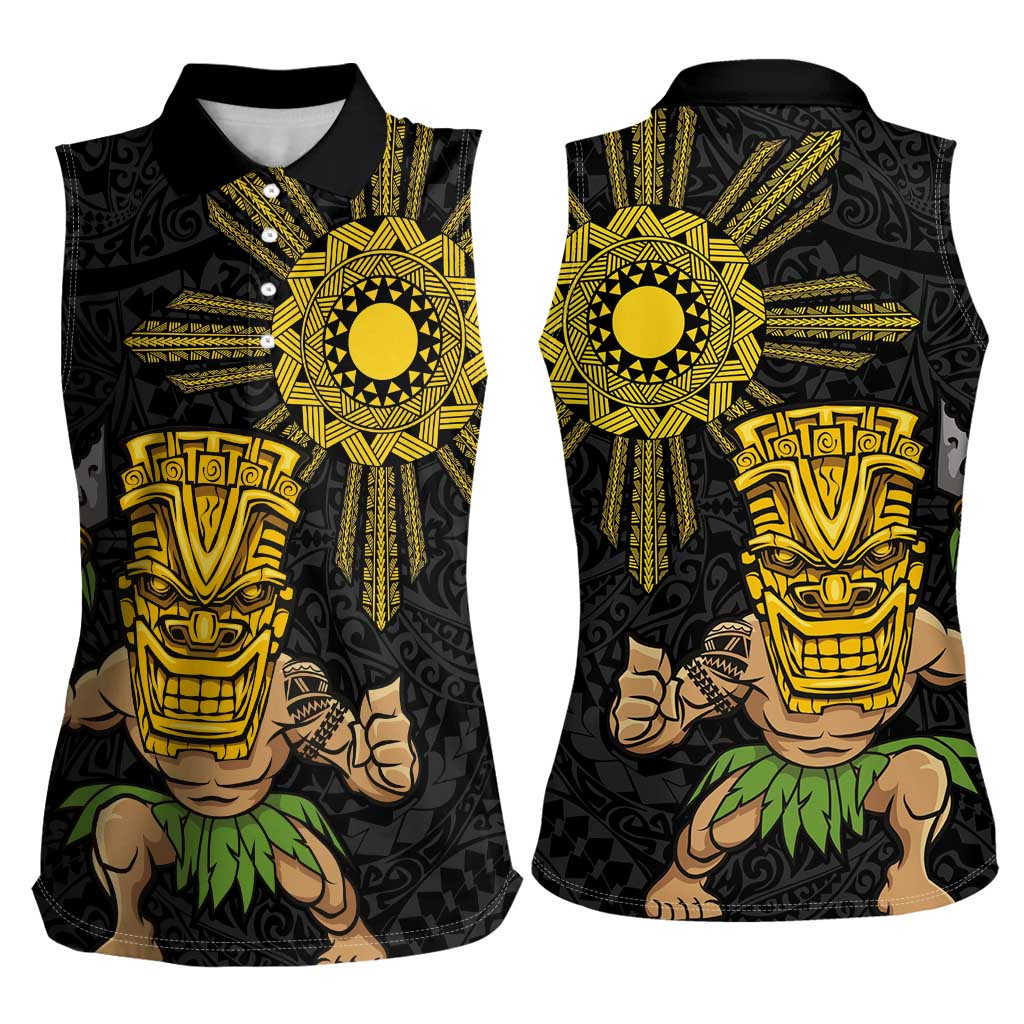 Hawaii and Philippines Together Women Sleeveless Polo Shirt Warrior Tiki Mask and Filipino Sun Polynesian Style LT03 - Polynesian Pride