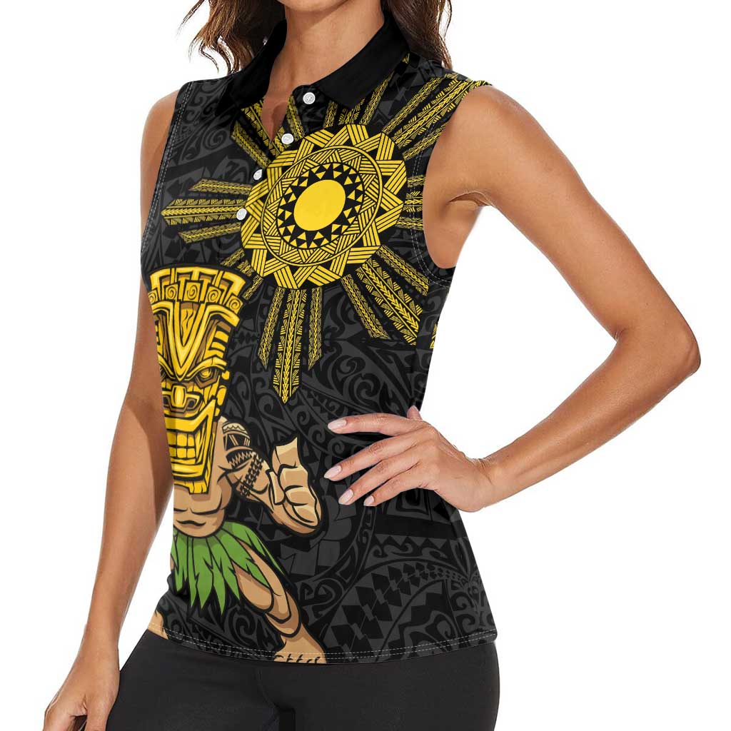 Hawaii and Philippines Together Women Sleeveless Polo Shirt Warrior Tiki Mask and Filipino Sun Polynesian Style LT03 - Polynesian Pride