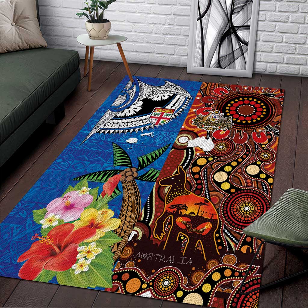 Fiji and Australia Together Area Rug Fijian Tapa Plants with Kangaroo and Aboriginal - Polynesian Pride